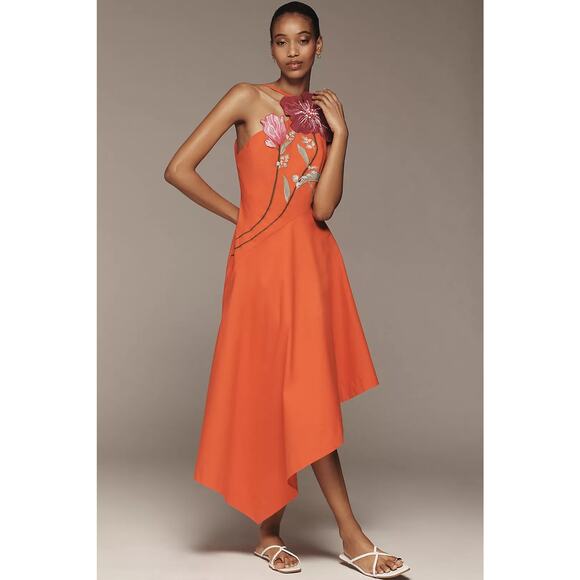 New Yukiko Noritake x Anthropologie Asymmetric Floral Midi Dress $248 SIZE 14 - Picture 1 of 5